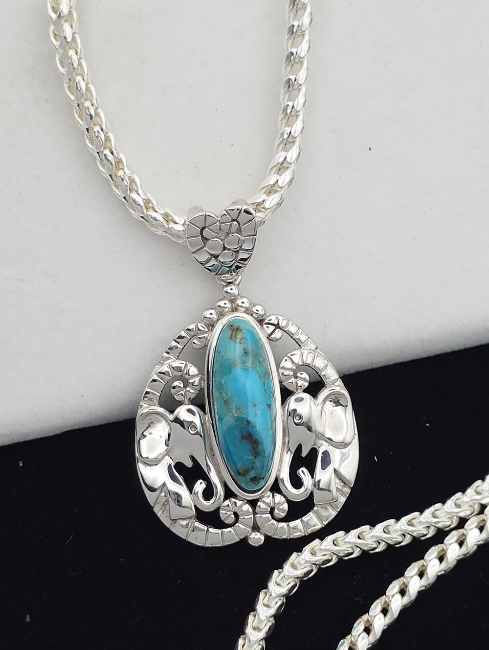 925 Sterling Silver Turquoise Elephant Pendant & Wheat Chain Statement Bali Boho